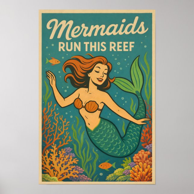 Mermaids Run This Reef Funny Retro Coral Fish Art Poster (Vorne)