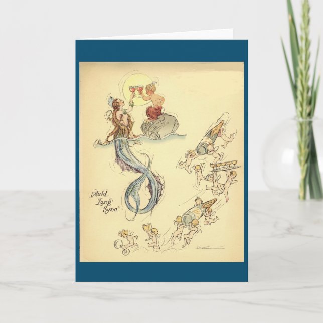 Mermaids und Cherubs Vintage New Years Card Karte (Vorderseite)
