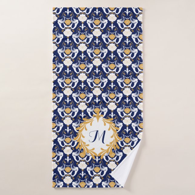 Mermaids und Muscheln Damask Muster Mit Monogramm Badehandtuch (Badehandtuch)