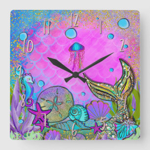 Mermaids und Muscheln Rosa Funkelnd Glitzern Quadratische Wanduhr