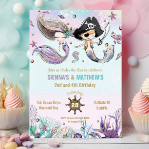 Mermaids und Pirates Twins Siblings Gemeinsamer Ge Einladung