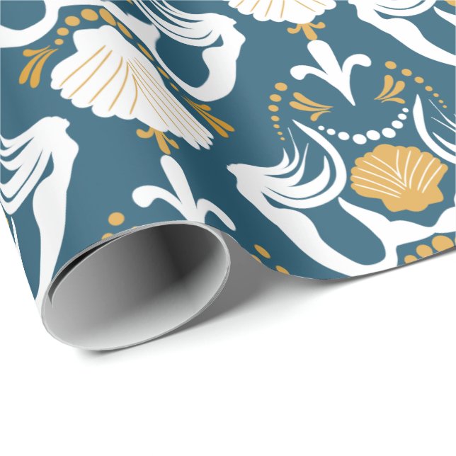 Mermaids und Seashells Damask Muster Geschenkpapier (Rolleneckpunkt)