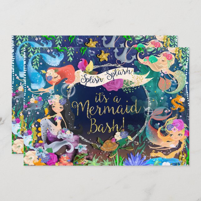 Mermaids Under Sea Mermaid Bash Birthday Party Einladung (Vorne/Hinten)