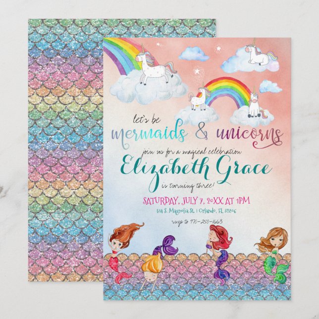 Mermaids, Unicorns und Rainbows-Party Einladungen (Vorne/Hinten)