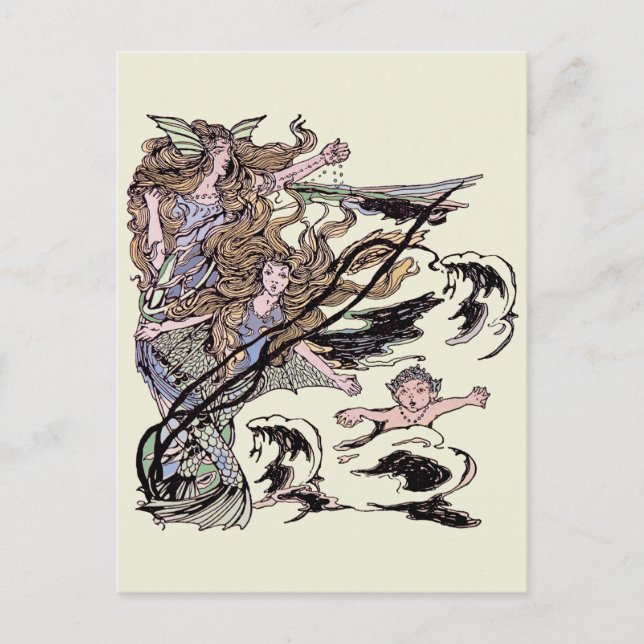 Mermaids Vintage Viktorianische Illustration Postkarte (Vorderseite)
