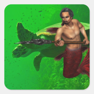 Merman mit Meeresschildkröte-Aufkleber Quadratischer Aufkleber