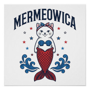 Mermeowica Patriotisches Katzen-Meerjungfrau-Shirt Poster