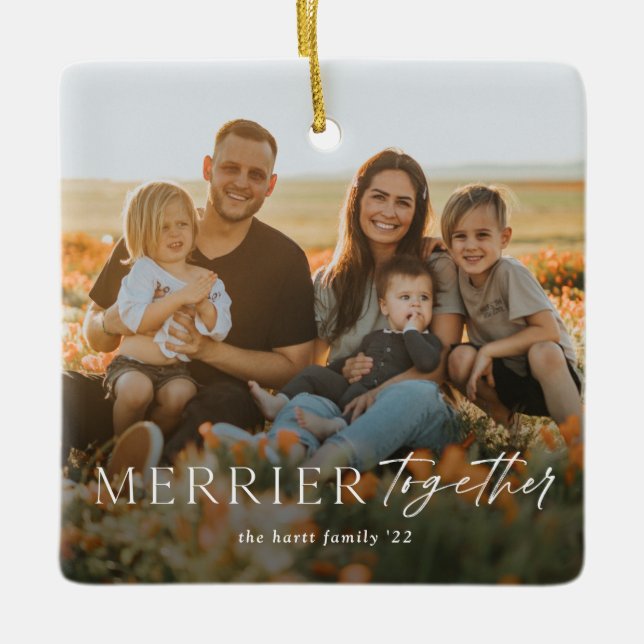 Merrier Together Script Foto Frohe Weihnachten Keramikornament (Vorderseite)