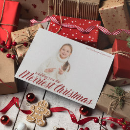 Merriest Christmas Chic Red Script Overlay Foto Feiertagskarte