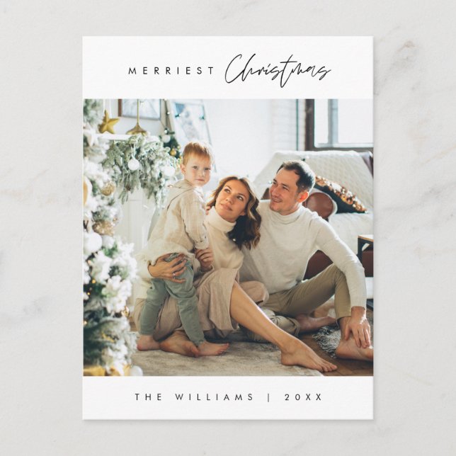 Merriest Christmas Family Photo, Modern Minimal Postkarte (Vorderseite)