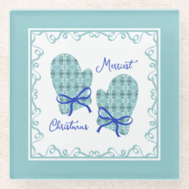 Merriest Christmas Mittens Blue Bow Holiday Glasuntersetzer
