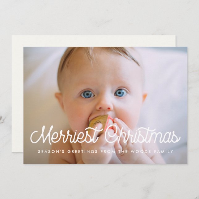 Merriest Christmas Retro-Skriptfamilie Foto Feiertagskarte (Vorne/Hinten)