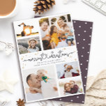 Merriest Christmas Script Photo Collage Modern Feiertagskarte<br><div class="desc">Sweet and simple minimalist holiday card with space for 6 photos,  2 lines of custom text and MERRIEST CHRISTMAS spelled in a sweet hand written script with a heart connector as well as gold dots and star decoration. The back has a modern polka dot pattern.</div>