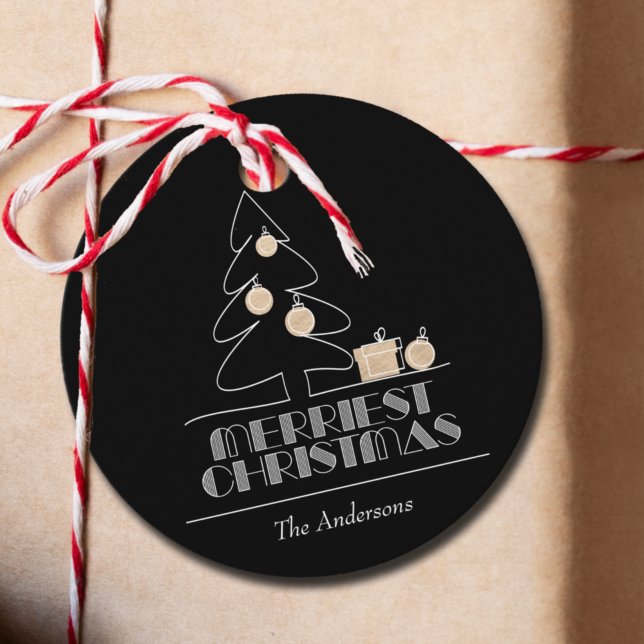 Merriest Christmas Tree Black Holiday Geschenkanhänger (Merriest Christmas Black and Gold Gift or Favor Tags)