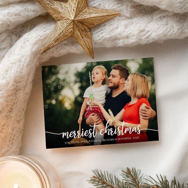 Merriest Christmas White Calligraphy Full Foto Postkarte (Von Creator hochgeladen)