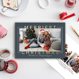 Merriest Modern Gold Text Slate Blue Foto Folien Feiertagskarte