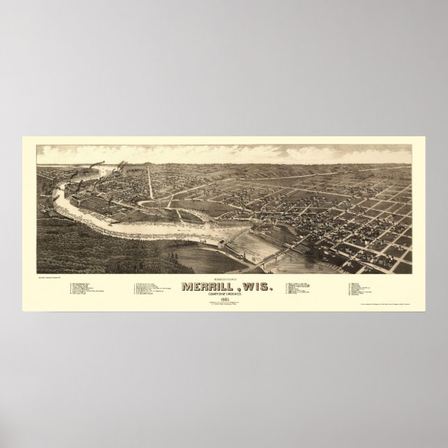 Merrill, WI Panorama Karte - 1883 Poster (Vorne)