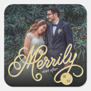 Merrily After Gold Curly Script Foto Wedding Quadratischer Aufkleber