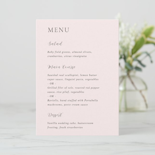 Merrin Blush Elegant Wedding Menükarte (Stehend Vorderseite)