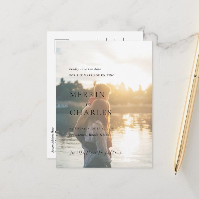 Merrin Foto Elegant Wedding Save the Date Ankündigungspostkarte (Vorderseite/Rückseite Beispiel)