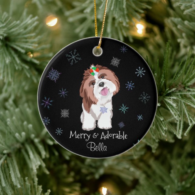 Merry & Adorable Shih Tzu mit dem Namen des Hundes Keramik Ornament (Baum)