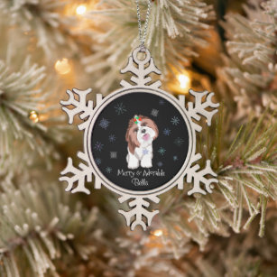 Merry & Adorable Shih Tzu mit dem Namen des Hundes Schneeflocken Zinn-Ornament