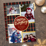 Merry Alles 4 Foto Tartan Kariert Rot und Gold Folien Feiertagskarte<br><div class="desc">Personalisieren Sie diese vergoldete Weihnachtskarte mit vier Ihrer Lieblings-Fotos. Das Design zeichnet sich durch tartan kariert mit "Merry Everything", handgeschriebene Kalligraphie. Die Vorlage ist Set für Sie bereit, um Ihre vier Fotos und Ihren Namen(e), die in Rot und Gold geschrieben ist. Ihre Bilder werden in vertikalen Porträts und horizontalen Landschaftsformaten...</div>