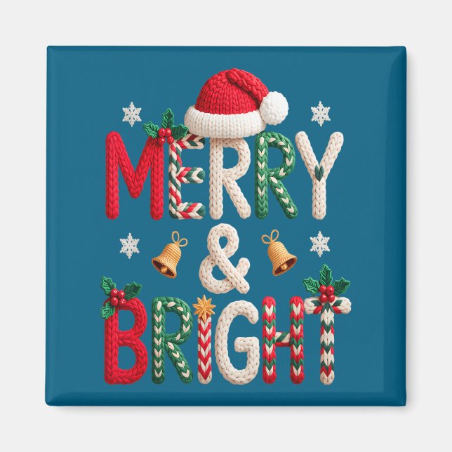 Merry &amp; Bright Christmas Santa Hat Crochet Kni Magnet (Vorne)