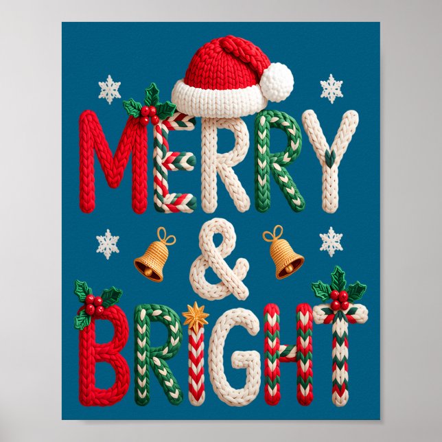 Merry &amp; Bright Christmas Santa Hat Crochet Kni Poster (Vorne)