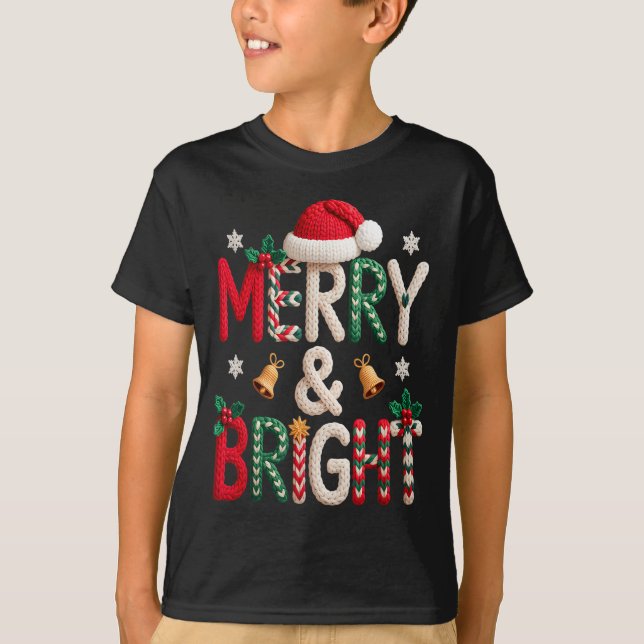 Merry &amp; Bright Christmas Santa Hat Crochet Kni T-Shirt (Vorderseite)