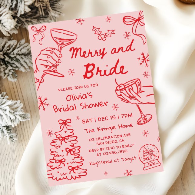 Merry and Bride Hand Drawn Christmas Bridal Shower Einladung (Von Creator hochgeladen)