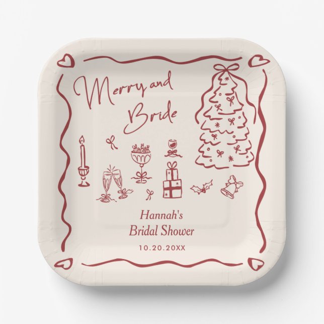 Merry and Bride Whimsical Holiday Bridal Shower Pappteller (Vorderseite)