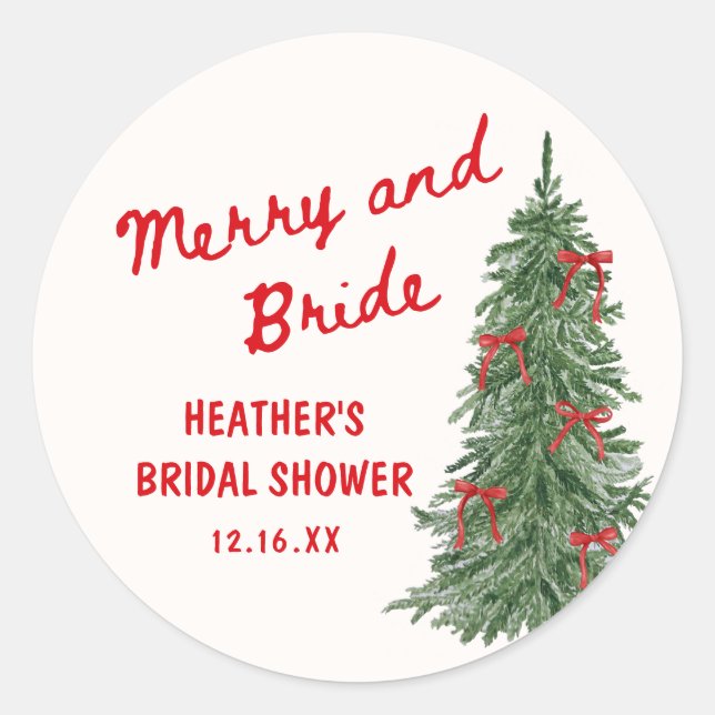 Merry and Bride Whimsical Holiday Bridal Shower Runder Aufkleber (Vorderseite)