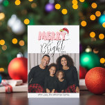 Merry and Bright 3 Family Photo Retro Christmas Feiertagskarte<br><div class="desc">This festive Merry & Bright design was created using a fun modern script font and my hand lettered block font in a retro 80's style in pale pink and red topped off with my hand painted Santa hat with holly and berries to make your family photo shine as the star....</div>