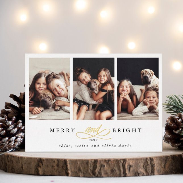 Merry and Bright 3 Foto Gold Foil Urlaubskarte Folieneinladung (Von Creator hochgeladen)