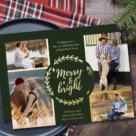 Merry and Bright 4 Foto Collage Green und Gold Folien Feiertagskarte
