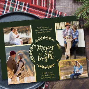 Merry and Bright 4 Foto Collage Green und Gold Folien Feiertagskarte