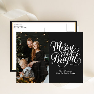 Merry and Bright Black Calligraphy Modernes Foto Feiertagspostkarte