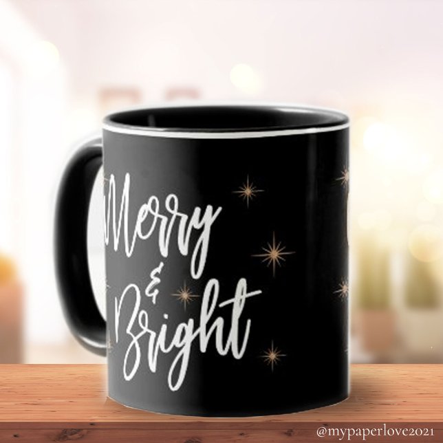 Merry and Bright Black Gold Star Elegante Weihnach Tasse (Von Creator hochgeladen)