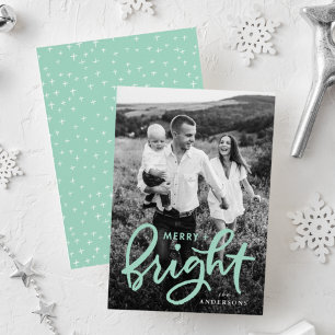 Merry and Bright Bold Mint Script Foto Feiertagskarte