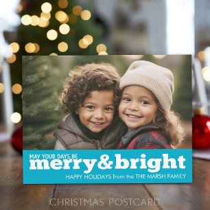 Merry and Bright Bold Modern Foto - blau Feiertagspostkarte