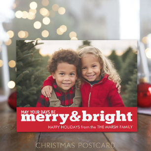 Merry and Bright Bold Modern Foto - Rot weiß Feiertagspostkarte