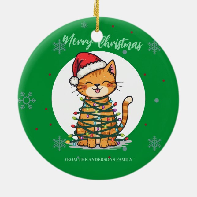 Merry and Bright cat Christmas kitten snow winter Keramik Ornament (Hinten)