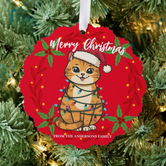 Merry and Bright cat Christmas kitten snow winter Ornament Karte (Insitu (Baum))