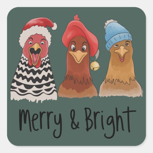 Merry And Bright Chickens Christmas Farm Animal  Quadratischer Aufkleber (Vorderseite)