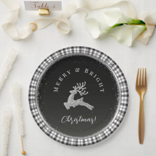 Merry and Bright Christmas Stag Schwarz-weiß Karie Pappteller
