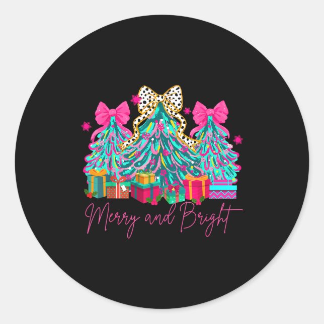 Merry And Bright Coquette Bow Christmas Tree Women Runder Aufkleber (Vorderseite)