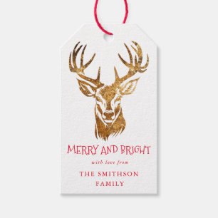 Merry and Bright, Deer Gold Glitzer, Christmas Red Geschenkanhänger