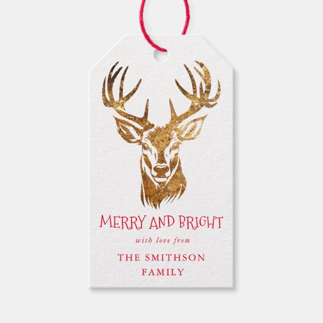 Merry and Bright, Deer Gold Glitzer, Christmas Red Geschenkanhänger (Vorderseite)