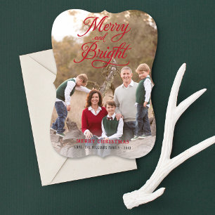 Merry and Bright Elegant Red Script Foto Collage Feiertagskarte